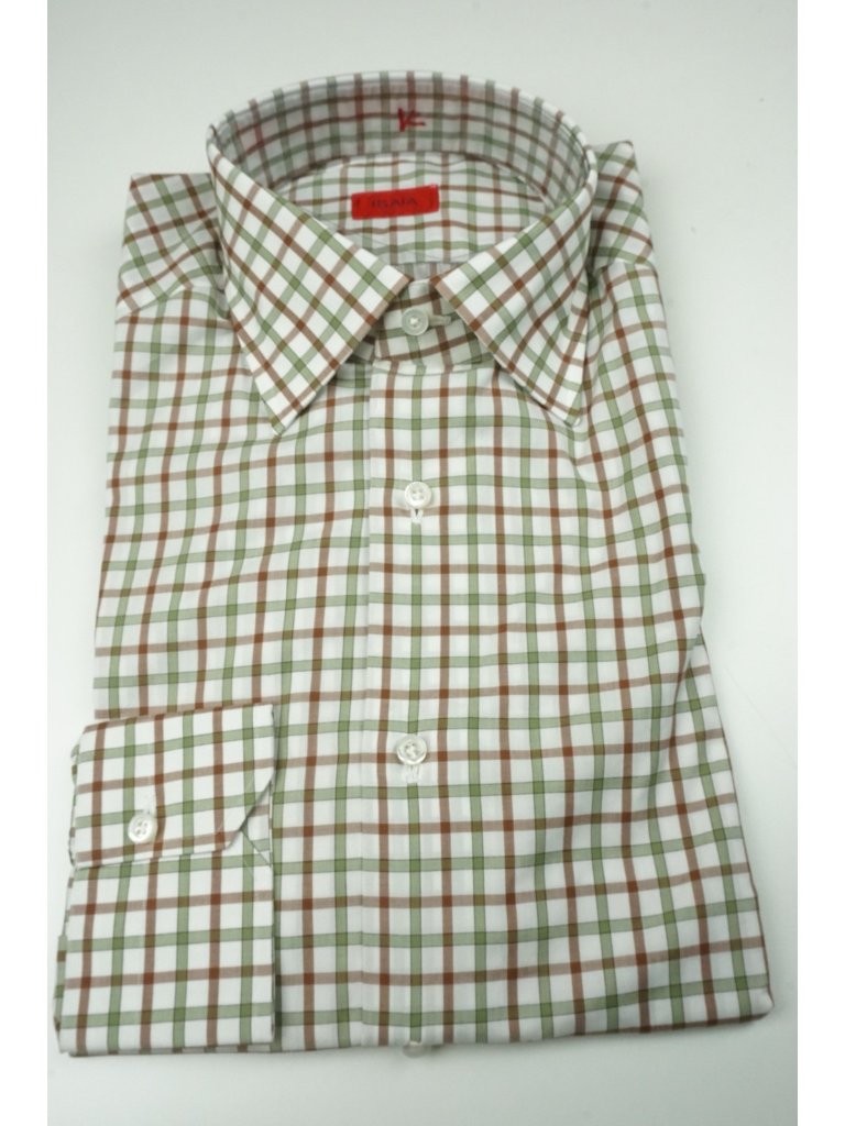 Isaia Brick Red Light Olive Plaid Long Sleeve Cotton Dress Shirt 15.5/39 New